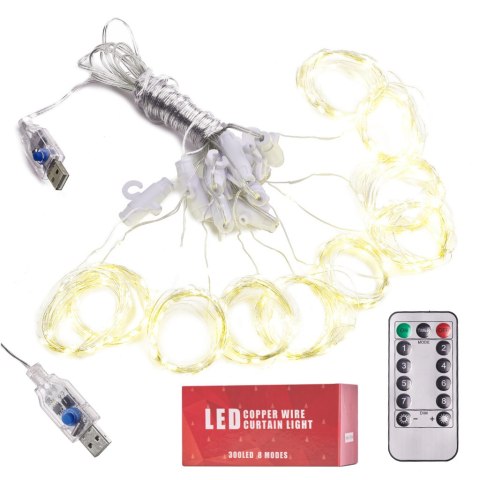 Lampki LED kurtyna girlanda druciki świąteczne choinkowe 3x3m 300LED ciepły biały pilot USB Lampki LED kurtyna girlanda druciki świąteczne choinkowe 3x3m 300LED ciepły biały pilot USB