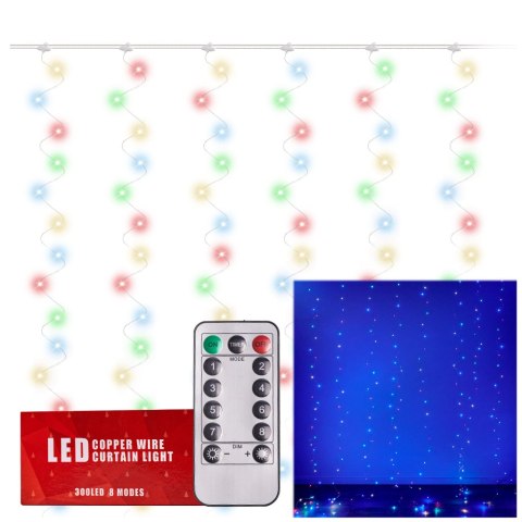 Lampki LED kurtyna girlanda druciki świąteczne choinkowe 3x3m 300LED multikolor pilot USB Lampki LED kurtyna girlanda druciki świąteczne choinkowe 3x3m 300LED multikolor pilot USB