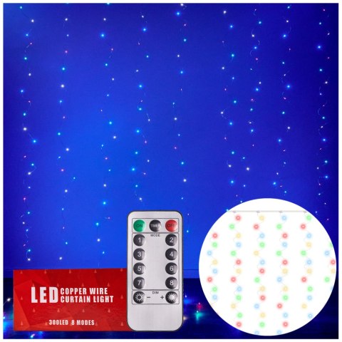 Lampki LED kurtyna girlanda druciki świąteczne choinkowe 3x3m 300LED multikolor pilot USB Lampki LED kurtyna girlanda druciki świąteczne choinkowe 3x3m 300LED multikolor pilot USB
