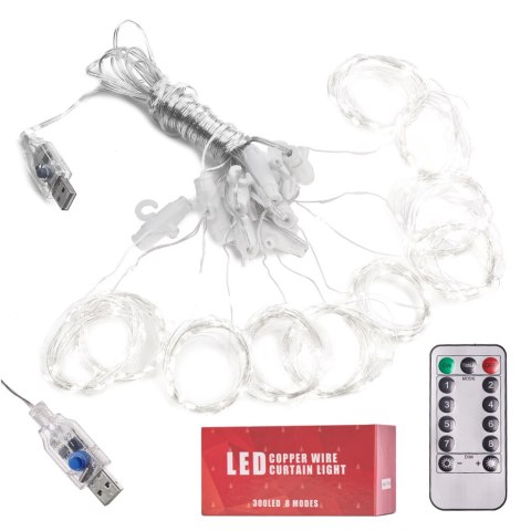 Lampki LED kurtyna girlanda druciki świąteczne choinkowe 3x3m 300LED zimny biały pilot USB Lampki LED kurtyna girlanda druciki świąteczne choinkowe 3x3m 300LED zimny biały pilot USB