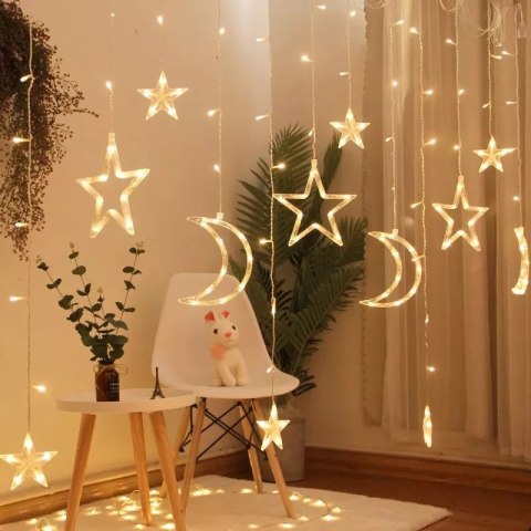 Lampki LED kurtyna księżyc gwiazdy świąteczne choinkowe 2,5m 138LED ciepły biały Lampki LED kurtyna księżyc gwiazdy świąteczne choinkowe 2,5m 138LED ciepły biały