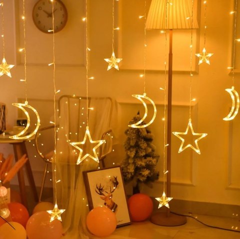 Lampki LED kurtyna księżyc gwiazdy świąteczne choinkowe 2,5m 138LED ciepły biały Lampki LED kurtyna księżyc gwiazdy świąteczne choinkowe 2,5m 138LED ciepły biały