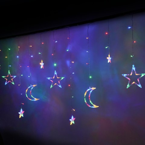 Lampki LED kurtyna księżyc gwiazdy świąteczne choinkowe 2,5m 138LED multikolor Lampki LED kurtyna księżyc gwiazdy świąteczne choinkowe 2,5m 138LED multikolor