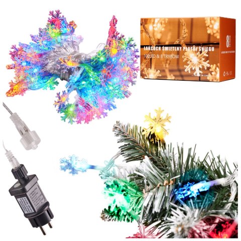Lampki LED łańcuch płatki śniegu 10m 100LED multikolor 8 trybów świecenia Lampki LED łańcuch płatki śniegu 10m 100LED multikolor 8 trybów świecenia